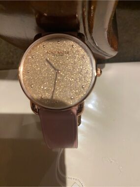 Coach Rose Gold Glitter Dial Watch with Pink Leather Strap